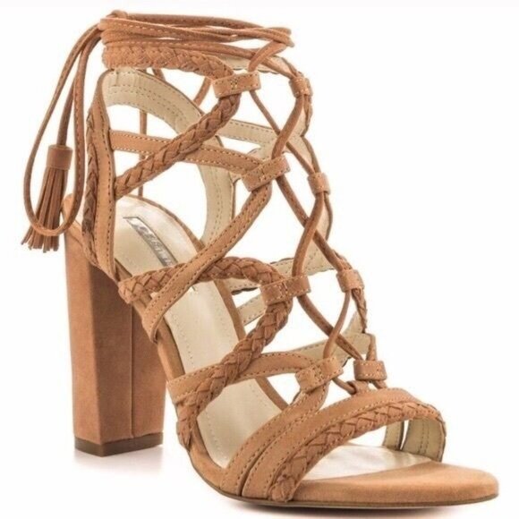 BCBGeneration Brown Suede Leather Lace Up Heels Peep Toe Tassel Boho Women's 8.5 - Picture 2 of 9